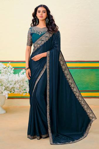 Peacock blue embroidered heavy partywear saree