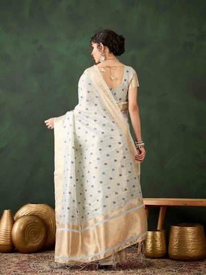 blue zari woven banarasi organza saree with unstitched blouse piece 4