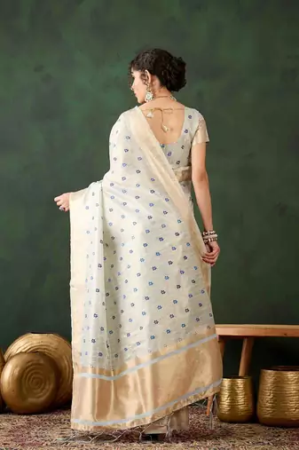 blue zari woven banarasi organza saree with unstitched blouse piece