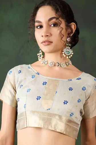blue zari woven banarasi organza saree with unstitched blouse piece