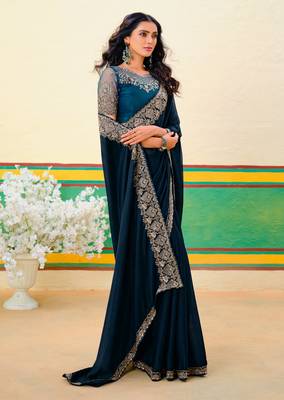 Peacock blue embroidered heavy partywear saree 3