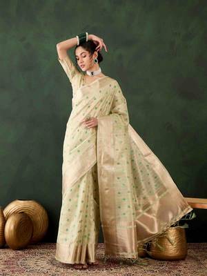 green zari woven banarasi organza saree with unstitched blouse piece 1