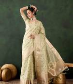 green zari woven banarasi organza saree with unstitched blouse piece