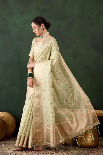 green zari woven banarasi organza saree with unstitched blouse piece