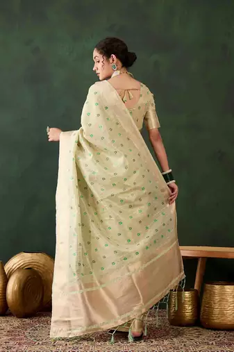 green zari woven banarasi organza saree with unstitched blouse piece
