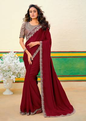 Maroon embroidered heavy partywear saree 1