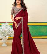 Maroon embroidered heavy partywear saree