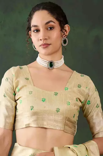 green zari woven banarasi organza saree with unstitched blouse piece