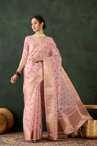 peach zari woven banarasi organza saree with unstitched blouse piece