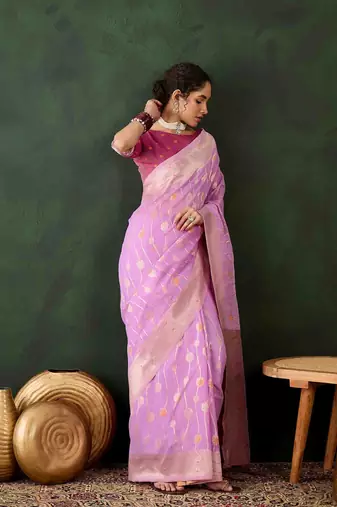 lavender jacquard design poly cotton saree with unstitched blouse piece
