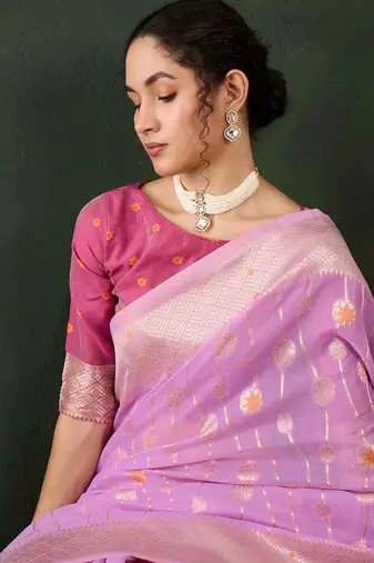 lavender jacquard design poly cotton saree with unstitched blouse piece