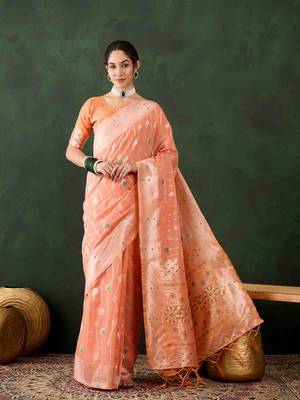 orange jacquard design poly cotton saree with unstitched blouse piece 1