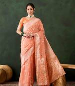 orange jacquard design poly cotton saree with unstitched blouse piece