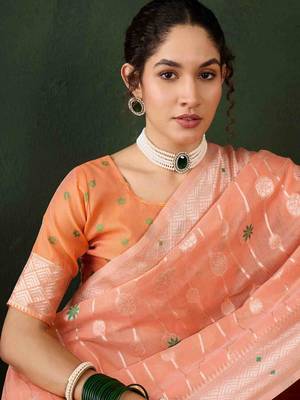 orange jacquard design poly cotton saree with unstitched blouse piece 3
