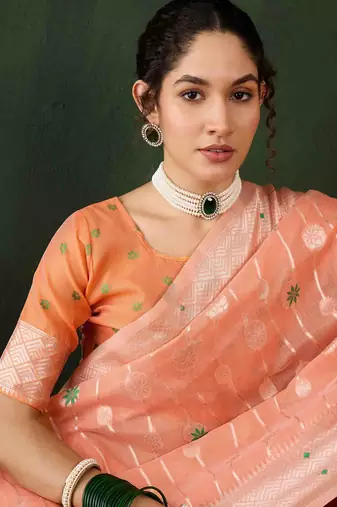 orange jacquard design poly cotton saree with unstitched blouse piece