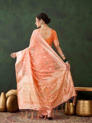 orange jacquard design poly cotton saree with unstitched blouse piece 4