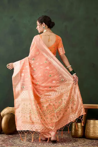 orange jacquard design poly cotton saree with unstitched blouse piece
