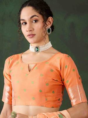 orange jacquard design poly cotton saree with unstitched blouse piece 5