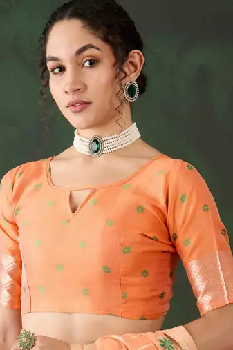 orange jacquard design poly cotton saree with unstitched blouse piece