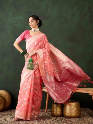 peach jacquard design poly cotton saree with unstitched blouse piece 1