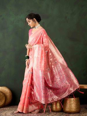 peach jacquard design poly cotton saree with unstitched blouse piece 2