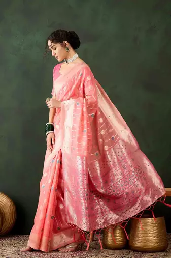 peach jacquard design poly cotton saree with unstitched blouse piece