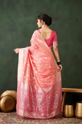 peach jacquard design poly cotton saree with unstitched blouse piece