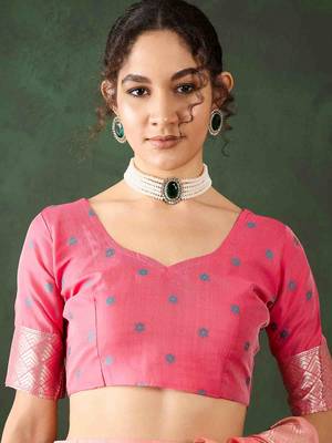 peach jacquard design poly cotton saree with unstitched blouse piece 5