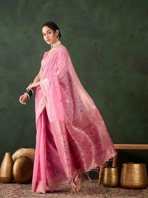 pink jacquard design poly cotton saree with unstitched blouse piece 2