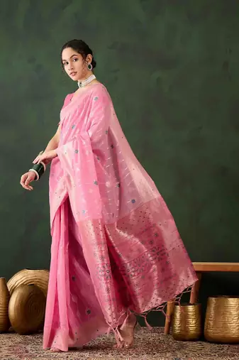 pink jacquard design poly cotton saree with unstitched blouse piece