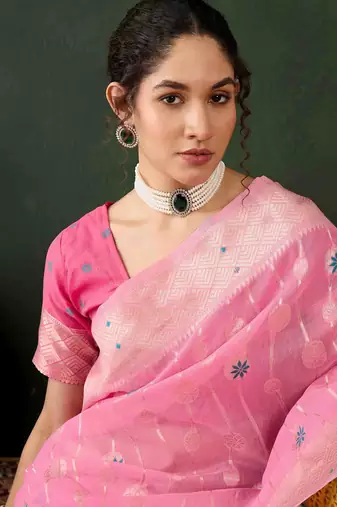 pink jacquard design poly cotton saree with unstitched blouse piece