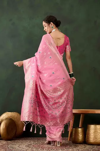 pink jacquard design poly cotton saree with unstitched blouse piece