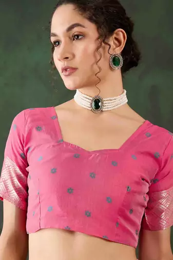 pink jacquard design poly cotton saree with unstitched blouse piece