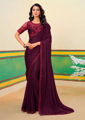 Maroon oak embroidered heavy partywear saree 1