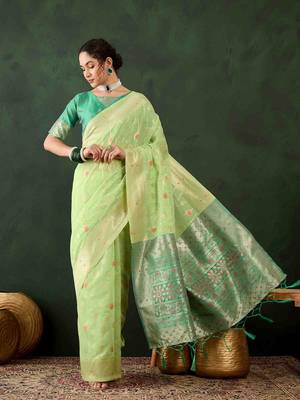pista jacquard design poly cotton saree with unstitched blouse piece 1