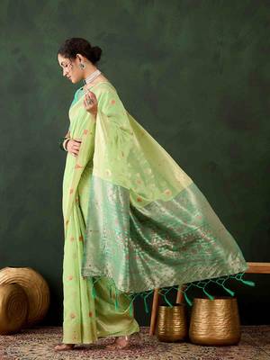 pista jacquard design poly cotton saree with unstitched blouse piece 2