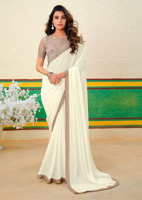 Off white embroidered heavy partywear saree 1