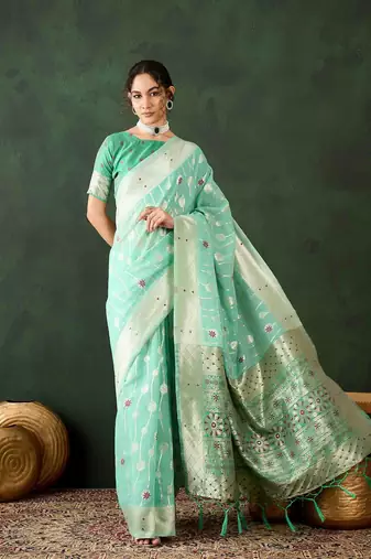sea green jacquard design poly cotton saree with unstitched blouse piece