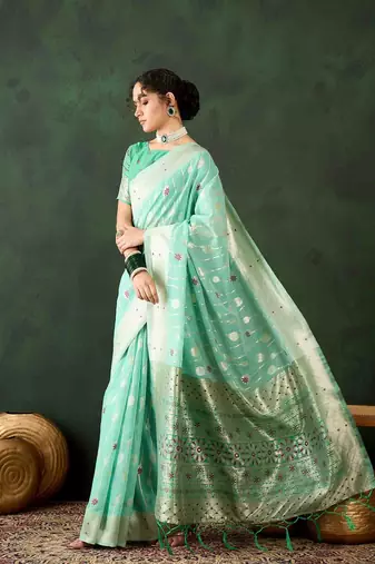 sea green jacquard design poly cotton saree with unstitched blouse piece