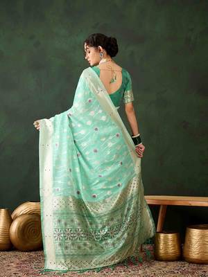 sea green jacquard design poly cotton saree with unstitched blouse piece 4