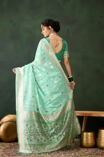 sea green jacquard design poly cotton saree with unstitched blouse piece