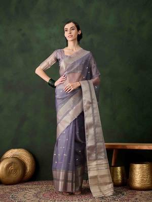 lavender jacquard design poly cotton saree with unstitched blouse piece 1