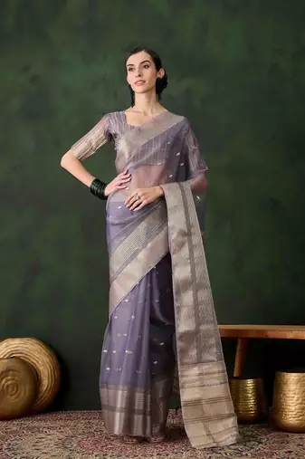 lavender jacquard design poly cotton saree with unstitched blouse piece