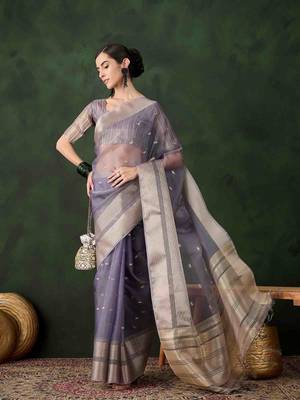lavender jacquard design poly cotton saree with unstitched blouse piece 2