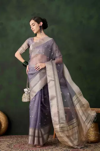 lavender jacquard design poly cotton saree with unstitched blouse piece