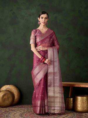 magenta jacquard design poly cotton saree with unstitched blouse piece 1