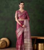 magenta jacquard design poly cotton saree with unstitched blouse piece