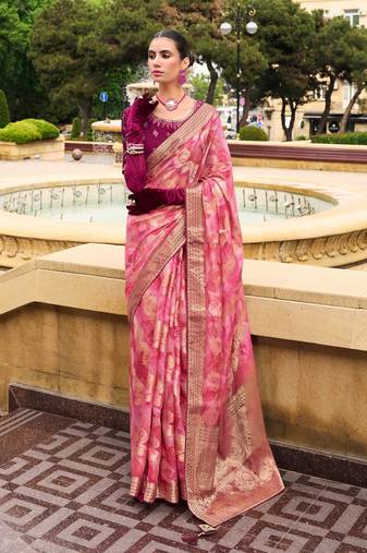 Pink jacquard silk woven saree with embroidered blouse