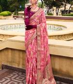 Pink jacquard silk woven saree with embroidered blouse