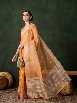 orange jacquard design poly cotton saree with unstitched blouse piece 1